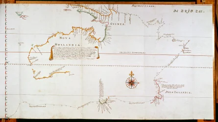 Kartta New Hollandista, nykyisestä Australiasta, ja Uudesta-Seelannista, joka on tehty Abel Janszoon Tasmanin (1603-1659) ja Willem Janszoonin (1570-1630) matkojen aikana keräämistä tiedoista