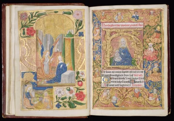 Ms 144, ff.13v-14r: Annunciation ja Virgin and Child, miniatyyrit Tuntikirjasta, Utrechtin käyttö, n. 1500-20 (lehtikulta ja kulta ja värilliset musteet pergamentilla)