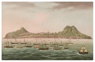 Sint Eustatius Hollannin Antilleilla, länsi-intialaisia joukkona tielle Oranjestadin edustalla (öljy kankaalle)