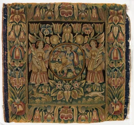 Kuvakudos, Simson ja leijona kahden enkelin ripustamassa pyöreässä, valmistettu Amsterdamissa, Hollannissa tai Hampurissa, Saksassa, 1600-luvun alku (villa)