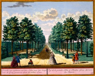 Näkymä talon takaosassa olevalle kävelytielle, Hendrik de Lethin ja Matthias Brouerius Van Nidekin Get Zeganpralent Kennemerland -julkaisusta, julkaistu n. 1700-30