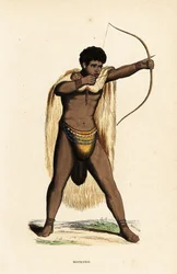 Khoikhoi-mies eläimennahkaviittassa, helminauhassa, jousi ja nuoli