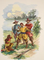 Häneen tarttui kauluksen takaosa, kuvitus Edward S. Ellisin pubin teoksesta "Pocahontas: A Princess of the Woods". McLoughlin Brothers, New York, n. 1912