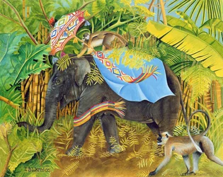 Elefantti apinoilla ja päivänvarjo, 2005 (akryyli kankaalle)