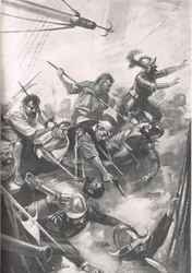 The English Repelling the Spaniards at San Juan de Ulua, kuvitus "British Battles on Land and Sea" -julkaisusta, julkaisija Cassell, Lontoo, noin 1915