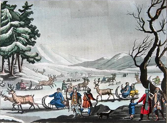 Tungus lähtee talvileirillään poron vetämillä reillä, n. 1820 (värikaiverrus)