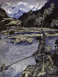 Kalastusta joessa, noin 1900 (kuvitus).