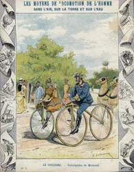 Pierre Michaux ja Michaudine velocipedes - Koulukirjojen suojaholkista, 1800-luvun loppu - Pierre Michaux