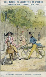 Velocipedes - Englantilainen selerifere - Draisienne, polkupyörän esi-isä - Suojaholkista koulukirjoille, 1800-luvun loppu - E Letellierin kuvitus - Celerifere - Draisienne - Hobby-hevonen (Nobby Horse) - Protect notebook historique, evä 19t