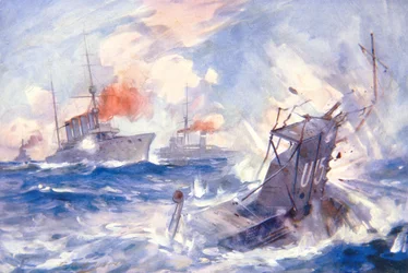 HMS Birminghamin saksalaisen sukellusveneen U15 uppoaminen (väri litho)