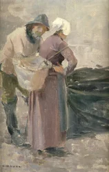 Kotiäiti katselee kalastajien saalista, n. 1900