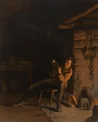 Lincolnin poikakausi. (Ilta hirsimajassa), 1868 (kromolitografia paperille aluksella)