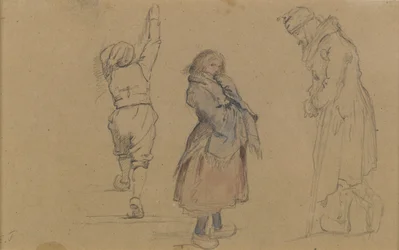 Kolme hollantilaista hahmoa, n. 1852 (grafiitti, wc ja valkoinen liitu ruskealla paperilla)