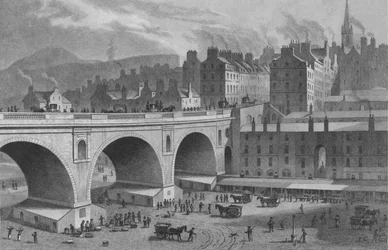 Vihannes- ja kalamarkkinat, Rainbow Gallerysta, Edinburgh, 1830.
