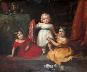 Ryhmäkuva John Scottista, myöhemmin 3. Earl of Eldonista, ja hänen sisaruksistaan Lady Selina Scottista ja Lady Gertrude Scottista
