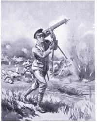 Private Lynn kuljettaa mukanaan konekivääriä korjattavaksi raskaan tulen alla Aisnen taistelussa. Palkittu DCM 1915
