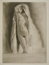 Lakanaan verhottu nainen, Sidonie-Gabrielle Coletten (1873-1954) kuvitus Mitsoulle, julkaistu 1930 (etsaus ja kuivakärki)