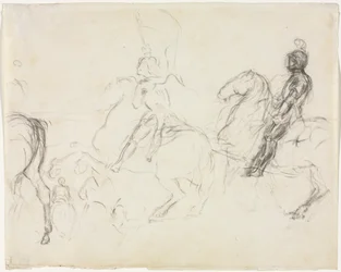 Taistelukohtaus panssaroiduilla hahmoilla hevosen selässä recto Two Seating Women verso, 1856-1860.