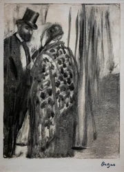 Keskustelu (Ludovic Halevy ja Madame Cardinal). Noin 1876-1877. Monotypessä on mustat mustekiinnitykset taiteilijan toissijaisessa tukikartongissa.
