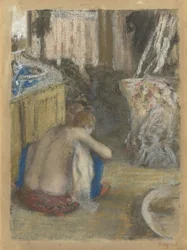 Kyykistyvä alaston nainen takaapäin nähtynä, n. 1876