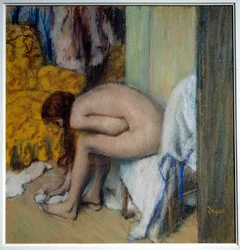 Alaston nainen kuivaamassa jalkojaan. Nainen peseytymässä. 1879-1893. Mitat: 0,45x0,23 m. Pariisi, Musée d’Orsay