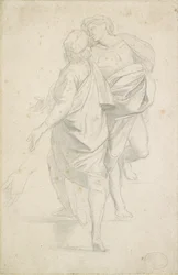Kaksi hahmoa seisomassa askellennolla Rafaelin jälkeen, c1853-54