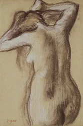 Nuori alaston nainen kampaa hiuksiaan, noin 1889-90 (pastelli paperille).