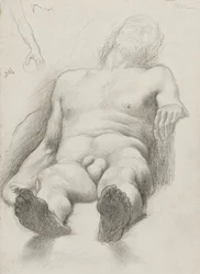 Tutkimus - makuuasennossa alaston mies, 1856-58 (grafiitti kermanväriselle paperille)