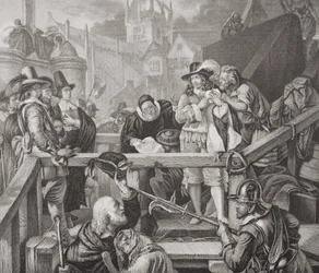 Montrosen markiisi teloituspaikalla Edinburghin High Streetillä vuonna 1650, teoksesta "Illustrations of English and Scottish History", osa I (kaiverrus).