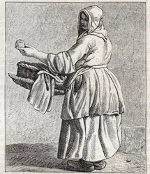 Paistettujen omenoiden kauppias - Pepetit metier de Paris (Tutkimuksia alhaisista ihmisistä eli Pariisin kriisistä) - kaiverrus Edme Bouchardon (1698-1762)
