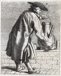 Kahvikauppias - Pepetit metier de Paris (Tutkimuksia alhaisista ihmisistä eli Pariisin kriisistä) - kaiverrus Edme Bouchardon (1698-1762)