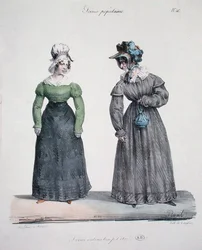 Karikatyyri mustasukkaisesta rakastajatarsta palvelijansa kanssa, levy numero 40 Scenes Populaires -sarjasta, kaiverrus Langlume, n. 1820 (väri litho)