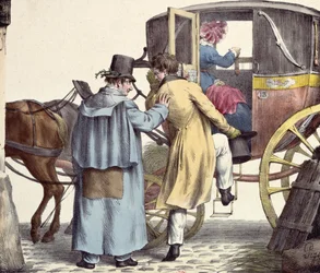 Minne olemme menossa?...Aina suoraan eteenpäin, karikatyyri Moeurs Parisiennes -sarjasta, kaiverrus Langlume, n. 1825