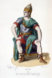 Attilan hahmo Attila-tragediassa - Täysi teatteri: (Corneillen näytelmien kokoelma) Geffroyn piirustus, Colinin kaiverrus - toim. Laplace, Sanchez et Cie, Pariisi 1884