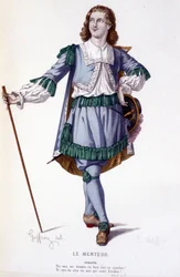 Dorante-hahmo komediassa Le Menteur - Full Theatre: (Corneillen näytelmien kokoelma) Geffroyn piirustus, L. Wolffin kaiverrus - toim. Laplace, Sanchez et Cie, Pariisi 1884