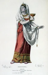 Kleopatren hahmo tragediassa Rodogune Princess des Parthes - Full Theatre: (Corneillen näytelmien kokoelma) Geffroyn piirustus, L. Wolffin kaiverrus - toim. Laplace, Sanchez et Cie, Pariisi 1884