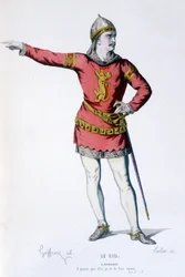 Don Rodriguen hahmo tragikomediassa Le Cid - Full Theatre: (Corneillen näytelmien kokoelma) Geffroyn piirustus, kaiverrus Colin - toim. Laplace, Sanchez et Cie, Pariisi 1884