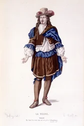 Philisten hahmo La veuve ou le traitre betrayed - Teatteri valmis: (Corneillen näytelmien kokoelma) Geffroyn piirustus, kaiverrus L. Wolff - toim. Laplace, Sanchez and Co., Pariisi 1884
