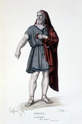 Vanhan Horatian hahmo tragediassa Horace - Full Theatre: (Corneillen näytelmien kokoelma) Geffroyn piirustus, L. Wolffin kaiverrus - toim. Laplace, Sanchez et Cie, Pariisi 1884