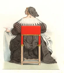 Ranskalainen nainen 1600-luvulla, Abraham Bossen (1602-1676) kaiverruksesta - Litografia Edmond Lechevallier-Chevignardin (1825-1902) kuvituksesta "Costumes historiques des 16th"