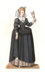 Ranskalainen nainen kuningas Henrik III:n (1551-1589) hallituksessa - Litografia perustuu Edmond Lechevallier-Chevignardin (1825-1902) kuvaan teoksesta Costumes historiques des 16th