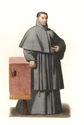 Pedro de Urbina de Montoya, Sevillan (Espanja) arkisto vuosina 1658–1663, perustuu Bartolome Murillon (1618-1682) maalattuun muotokuvaan - Litografia Edmond Lechevallier-Chevignardin (1825-1902) kuvituksesta, Costumstoricalista. 16t:sta