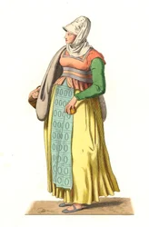 1500-luvun portugalilainen talonpoika - Litografia, joka perustuu Edmond Lechevallier-Chevignardin (1825-1902) kuvitukseen, kirjasta "" Costumes historiques des 16th