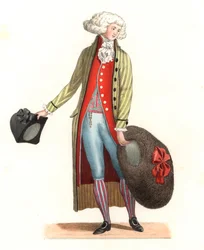 Nuori ranskalainen 1700-luvun muodin mies - Litografia perustuu Edmond Lechevallier-Chevignardin (1825-1902) kuvitukseen teoksesta "Costumes historiques des 16th"