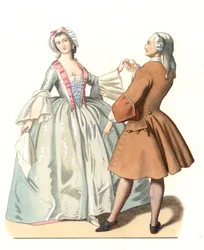 Tanssimestari ja nuori venetsialainen, tanssilekon Italiassa 1700-luvulla, perustuu Pietro Longhin (1701-1785) maalaukseen - Edmond Lechevallier-Chevignardin (1825-1902) kuvitukseen perustuva litografia, poimittu "" Historical Costumes of -kokoelmasta 16. 