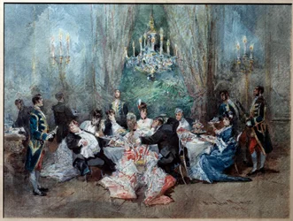 Ruokailukohtaus. Kuvitus Henri (Henry) Meilhacin (1830-1897) ja Ludovic Halevyn (1834-1908) "" The Reveillon" -sarjan II näytöksen 10 kohtaukselle kuninkaallisessa palatsissa
