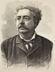 Edmondo De Amicisin (1846-1908), italialaisen kirjailijan muotokuva, kaiverrus E Mancastroppa Schembochen valokuvasta L