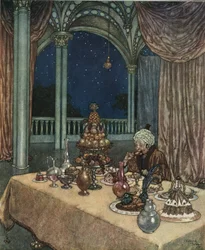 Kaunotar ja hirviö: Bellen isä saapuu linnaan ja löytää pöydän täynnä ruokaa, n. 1910 (litografia).