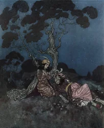 Kaunotar ja hirviö: Kaunotar pelästyy hirviötä, joka makaa hänen lähellään, n.1910 (litografia).
