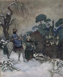 Kaunotar ja hirviö: Kaunotar, joka on suostunut ottamaan Beten vangiksi joutuneen isänsä paikan tämän vapauttamiseksi, suuntaa kohti linnaa, n.1910 (litografia).